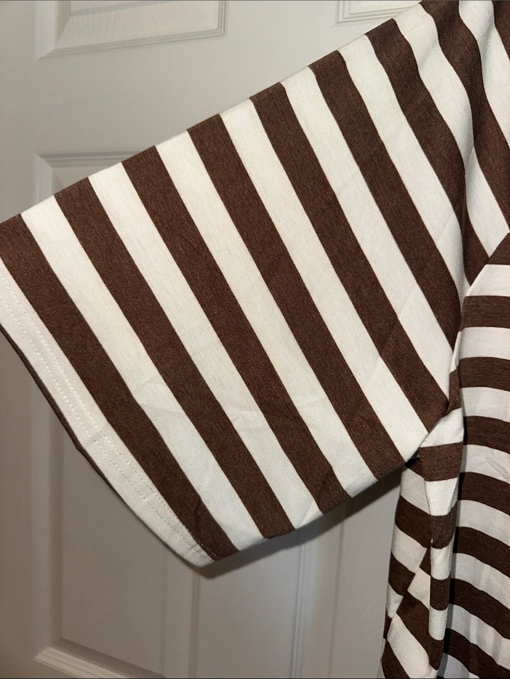 Women's Brown and White Striped Short Sleeve Tee with Red Trim - Picture 2 of 9